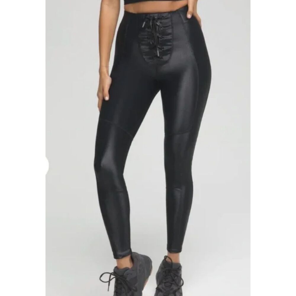 Good American Bombshell Faux Leather Lace Front Glossy Black Legging Sz 3 (L)